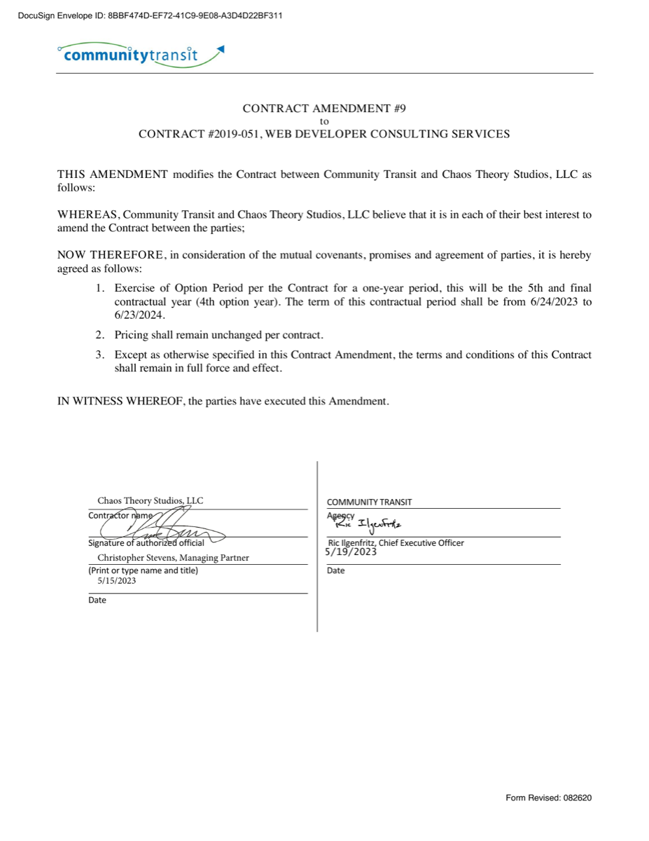 Community Transit Contract Amendment Number 9 (CA9) to Contract 2019-051 with Chaos Theory Studios LLC — Exercise of Option, fully signed. The amendment extends the Web Developer Consulting Services contract between Community Transit and Chaos Theory Studios, executed after the March 10, 2023 delisting letter that formally removed Chaos Theory Studios from the Community Transit vendor list. Document produced by Community Transit under Washington Public Records Act Request 25-197, September 22, 2025 installment.