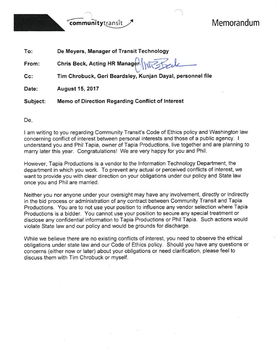 Community Transit Memorandum titled 'Memo of Direction Regarding Conflict of Interest' dated August 15, 2017, authored by Chris Beck, Acting HR Manager, addressed to Deanna 'De' Meyers (now Deanna Tapia), Manager of Transit Technology. The memo formally directs De Meyers not to have any involvement, directly or indirectly, in the bid process or administration of any contract between Community Transit and Tapia Productions, owned by Phil Tapia, citing conflict of interest under Washington state law and Community Transit's Code of Ethics policy. Document produced by Community Transit under Washington Public Records Act Request 25-197 (October 6, 2025 installment).
