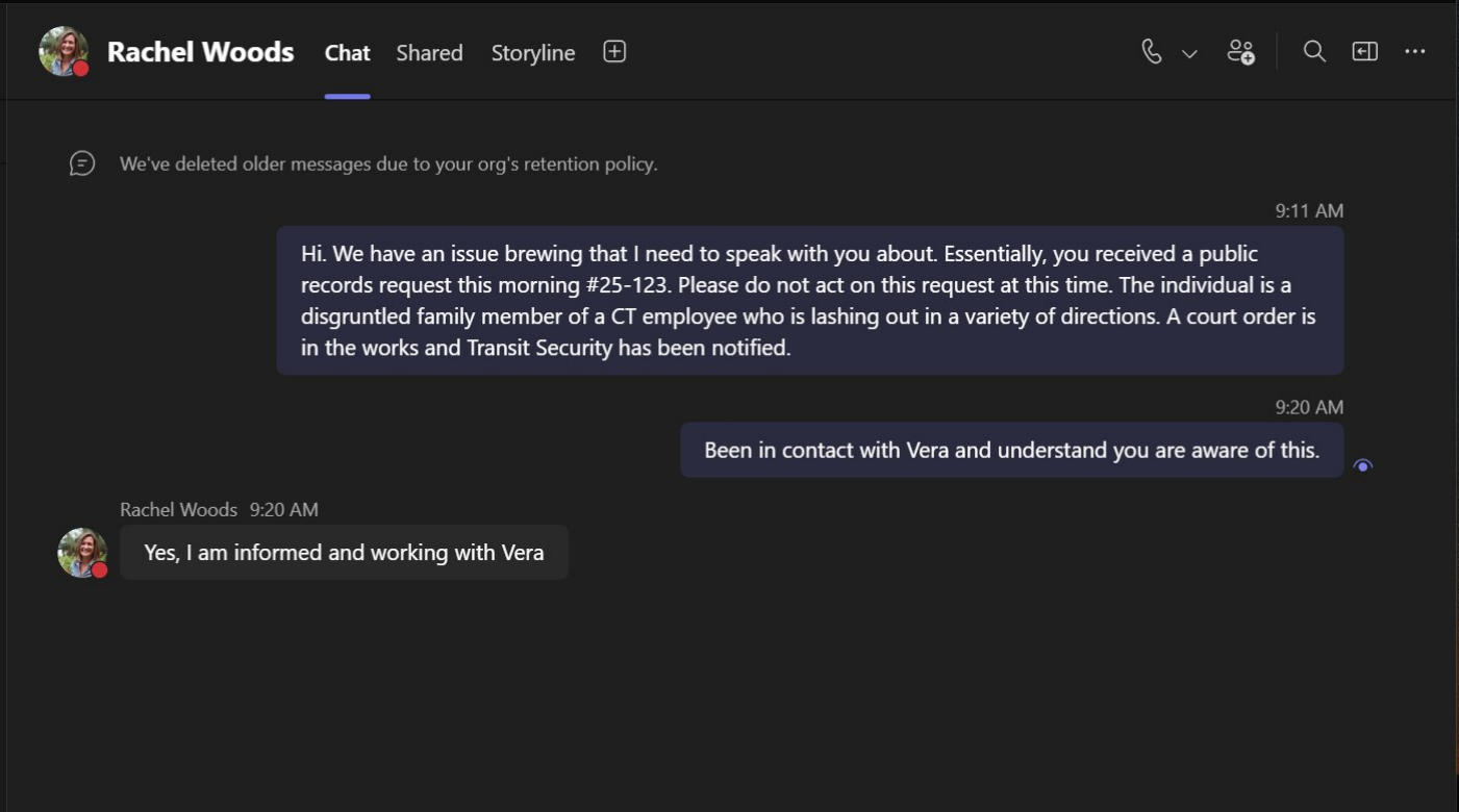 Microsoft Teams chat from Mike Berman to Rachel Woods, June 6, 2025: "Please do not act on this request at this time. A court order is in the works and Transit Security has been notified." Produced by Community Transit on February 25, 2026 under Public Records Act Request 25-168.