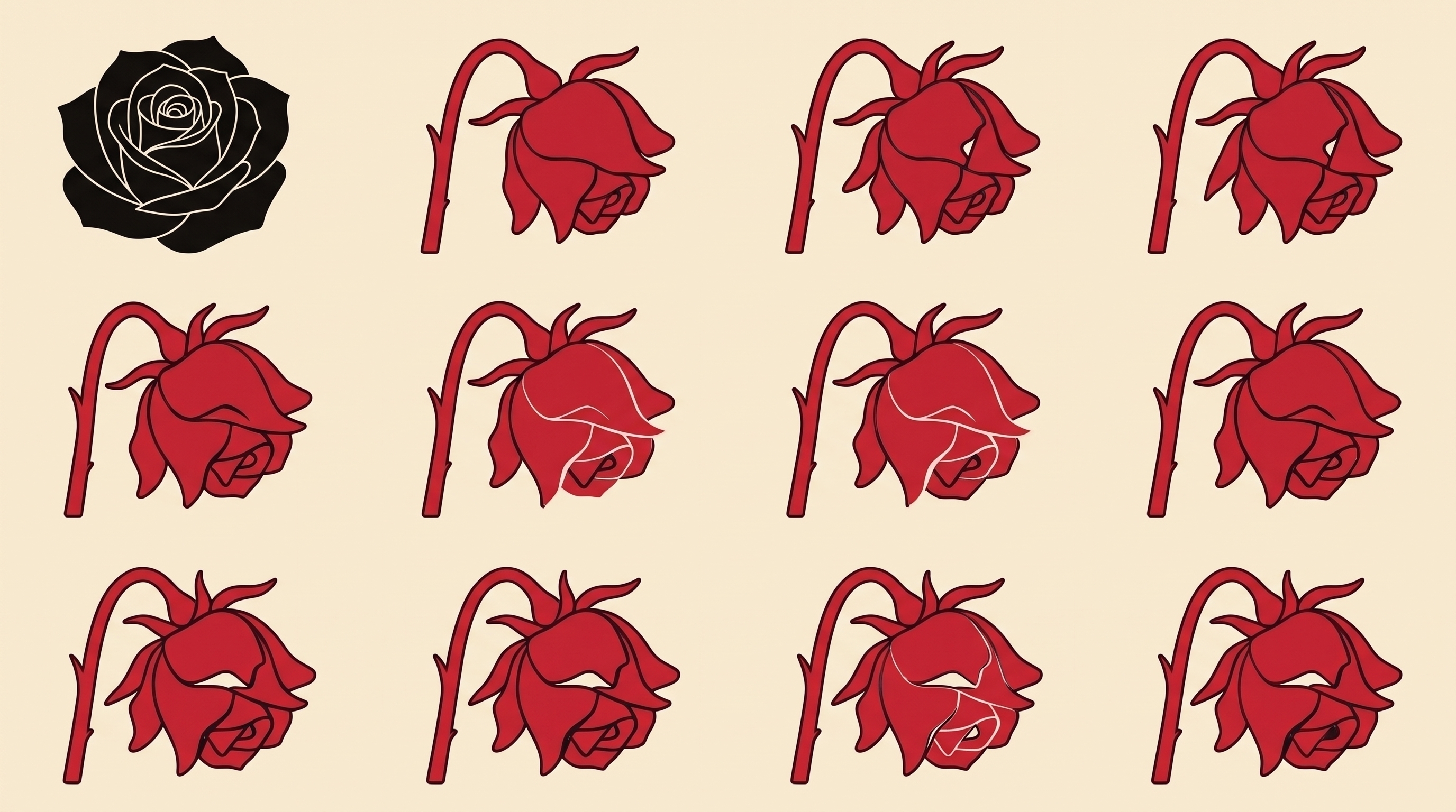 Twelve roses, eleven real and wilting, one fake and untouched