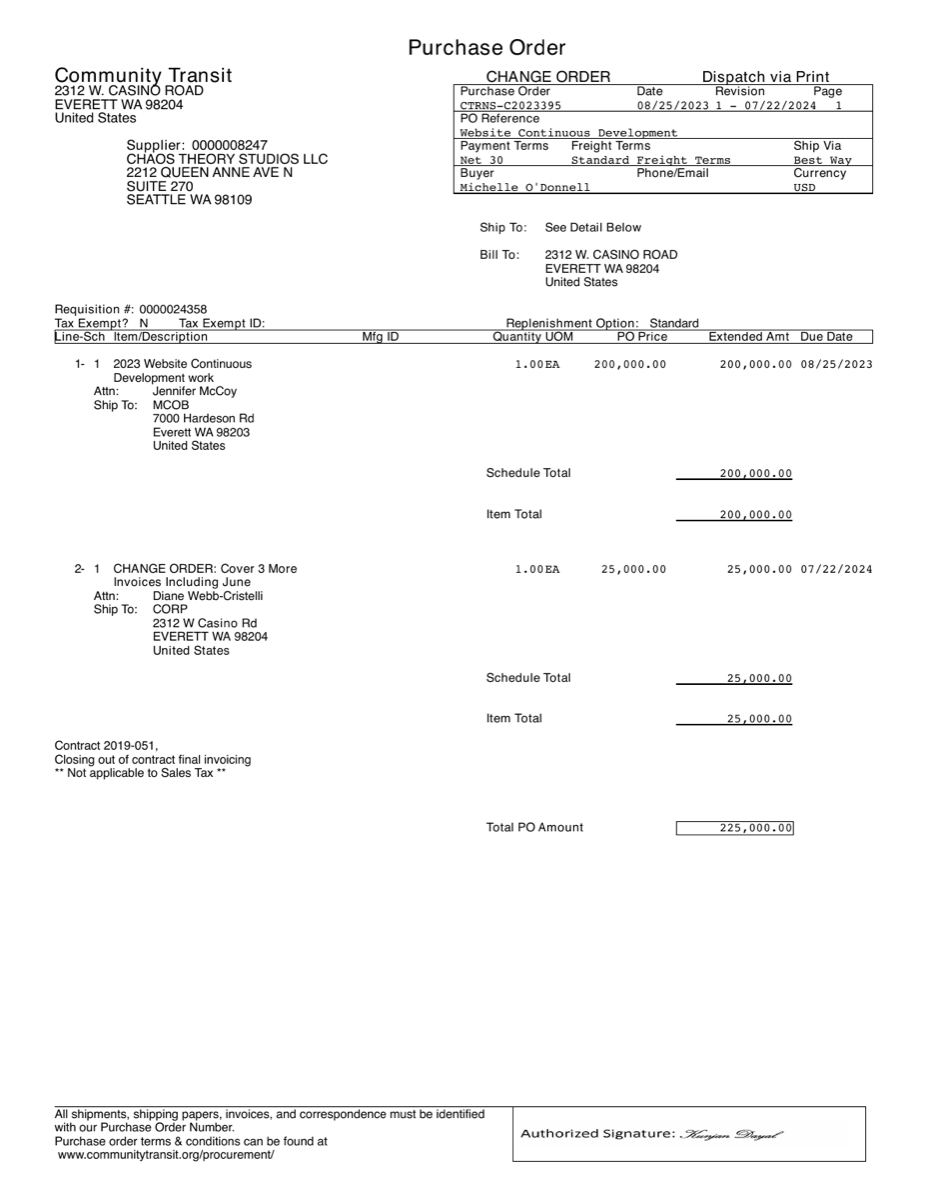 Community Transit Purchase Order C2023395 issued to Chaos Theory Studios for $225,000 under Contract 2019-051 for Web Developer Consulting Services. The purchase order postdates the March 10, 2023 delisting letter that formally removed Chaos Theory Studios from the Community Transit vendor list, demonstrating that the agency continued to pay Chaos Theory Studios after its formal delisting. Document produced by Community Transit under Washington Public Records Act Request 25-197.